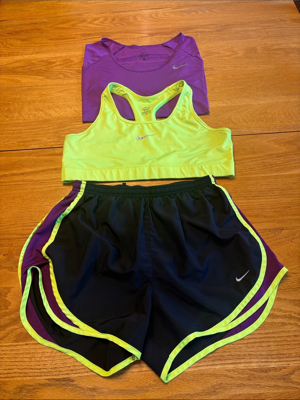 Nike Neon Yellow Sports Bra with Black Shorts & Purple Tee . Please note sizes - Picture 4 of 12